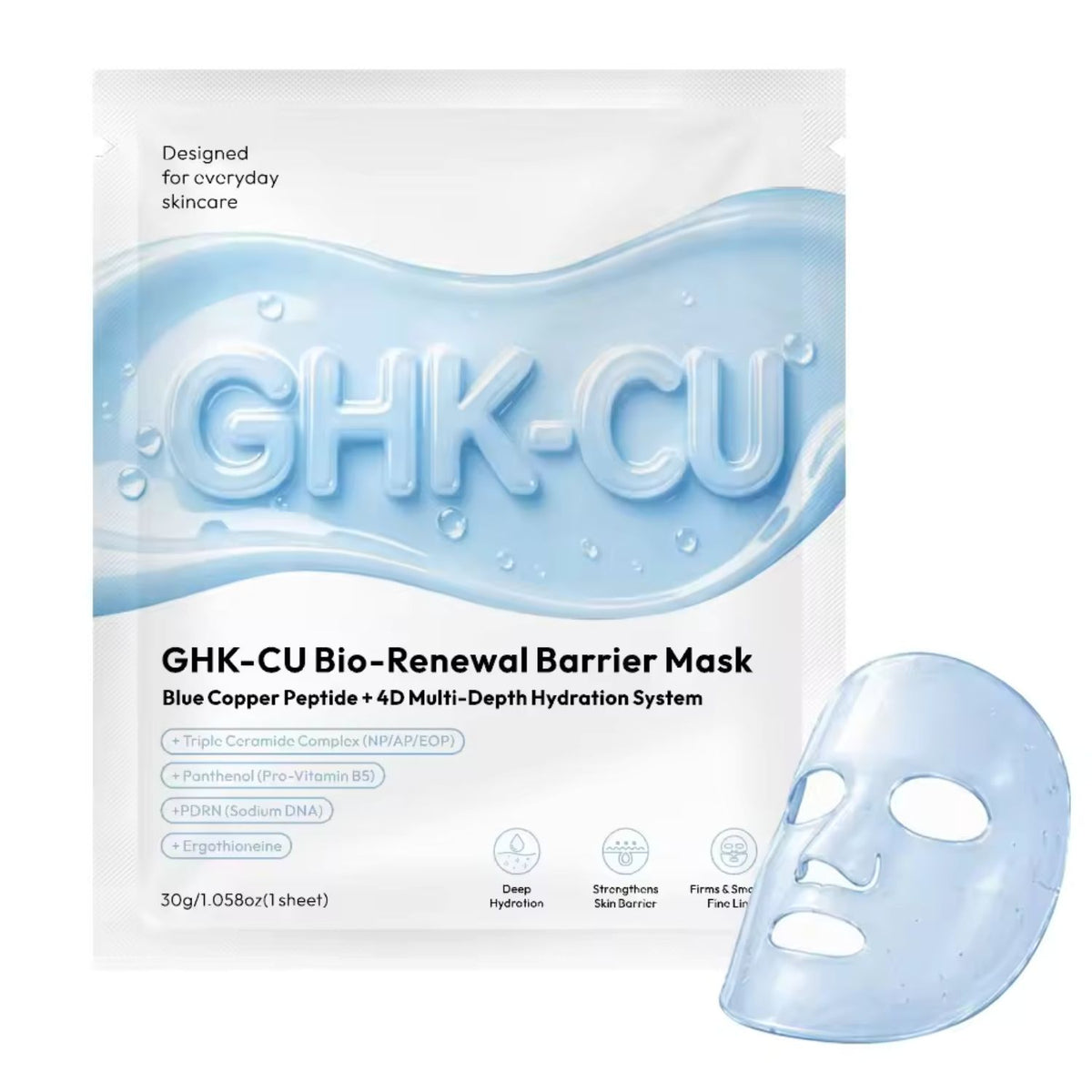 CKTUING GHK-CU Bio-Renewal Barrier Mask – Blue Copper Peptide Sheet Mask Set with 4D Hydration System, Triple Ceramide Complex, Pro-Vitamin B5, PDRN & Ergothioneine – Firming, Soothing & Cooling Moisture Barrier Facial Mask, 4 Sheets (30g / 1.05 oz Each)