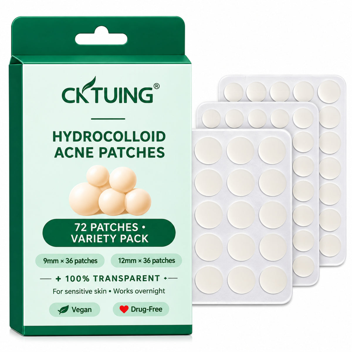 CKTUING Hydrocolloid Acne Pimple Patches (72 Ct), Ultra-Thin Transparent Face Patches, Absorbs Excess Oil & Moisture, Facial Spot Stickers, Overnight Skincare, 2 Sizes 9mm & 12mm