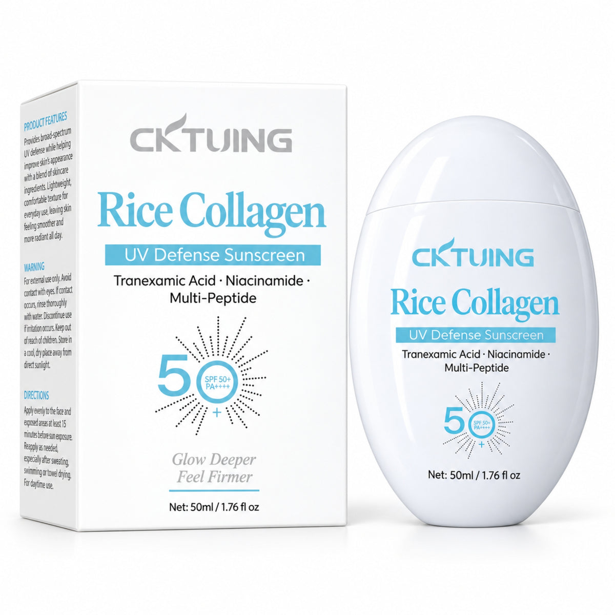 CKTUING Rice Collagen UV Defense Sunscreen SPF 50+ with Tranexamic Acid, Niacinamide & Multi-Peptides, 50 ml